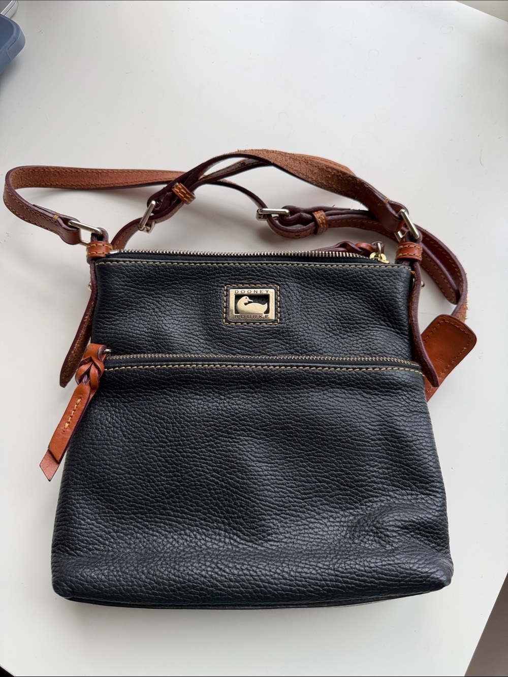 Dooney & Bourke Dillen Letter Black Pebble Leather Crossbody Bag with Brown Trim